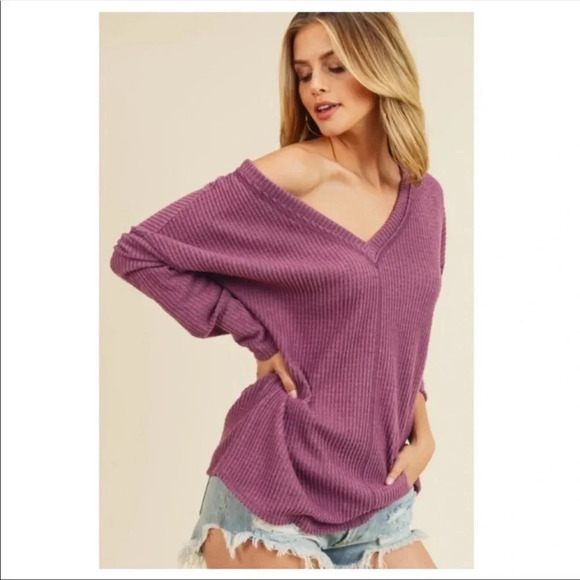 Oversized Plum Waffle Knit V-Neck Top | Soft Brushed Long Sleeve Pullover - Picture 2 of 7